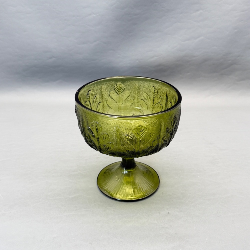 Vintage 1975 FTD Avocado Green Glass Oak Leaf Compote Pedestal Planter Vase Bowl